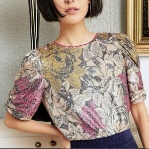 Anthopologie Marie Sequin Floral Top Shirt Blouse Puff Sleeve Size 2